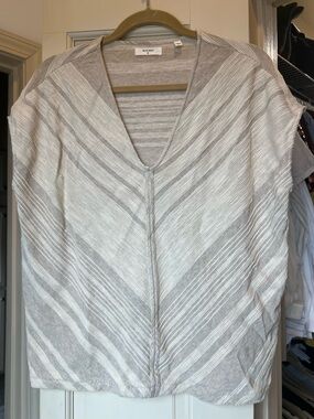 Billy Reid Light Gray & Cream Striped V-Neck Knit Top